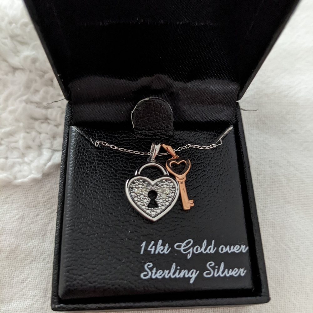 Diamond Accent Heart Lock & Key Sterling Silver Pendant and 14k Rose Gold